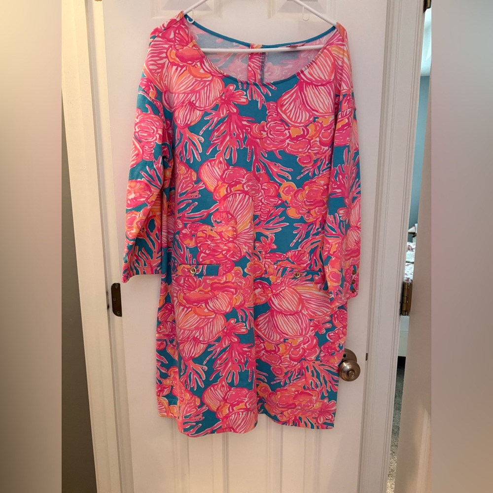 Lilly Pulitzer Pink & Turquoise Floral Shift Dress with Three-Quarter Sleeves